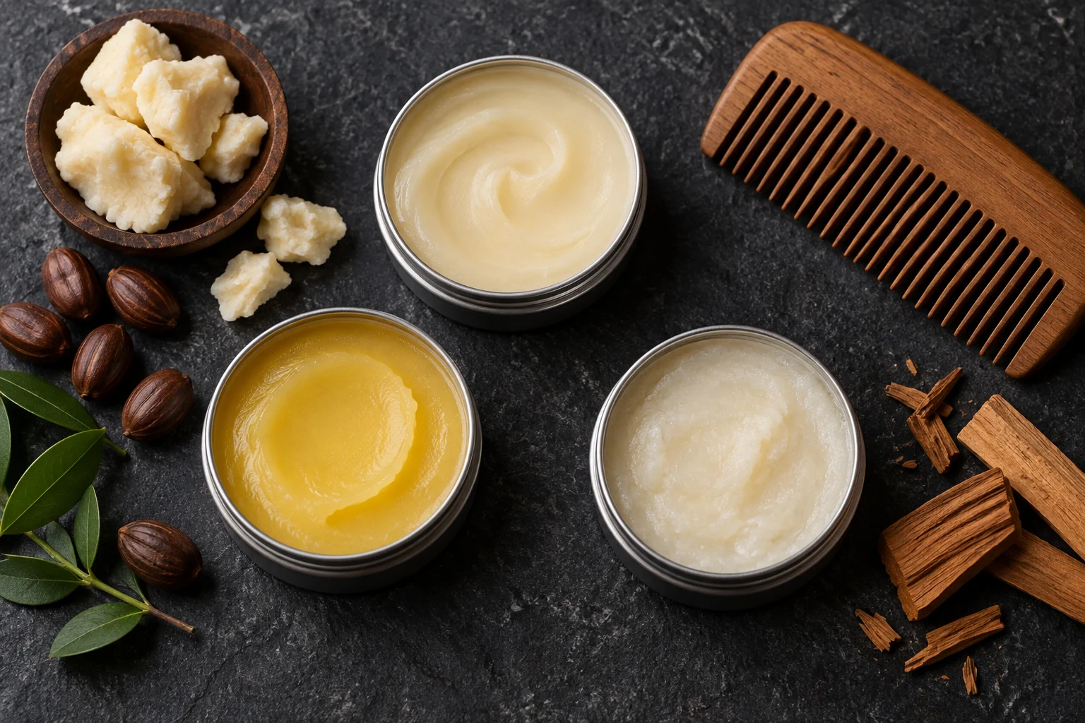 Three unlabeled beard balm containers with different textures beside a wooden comb