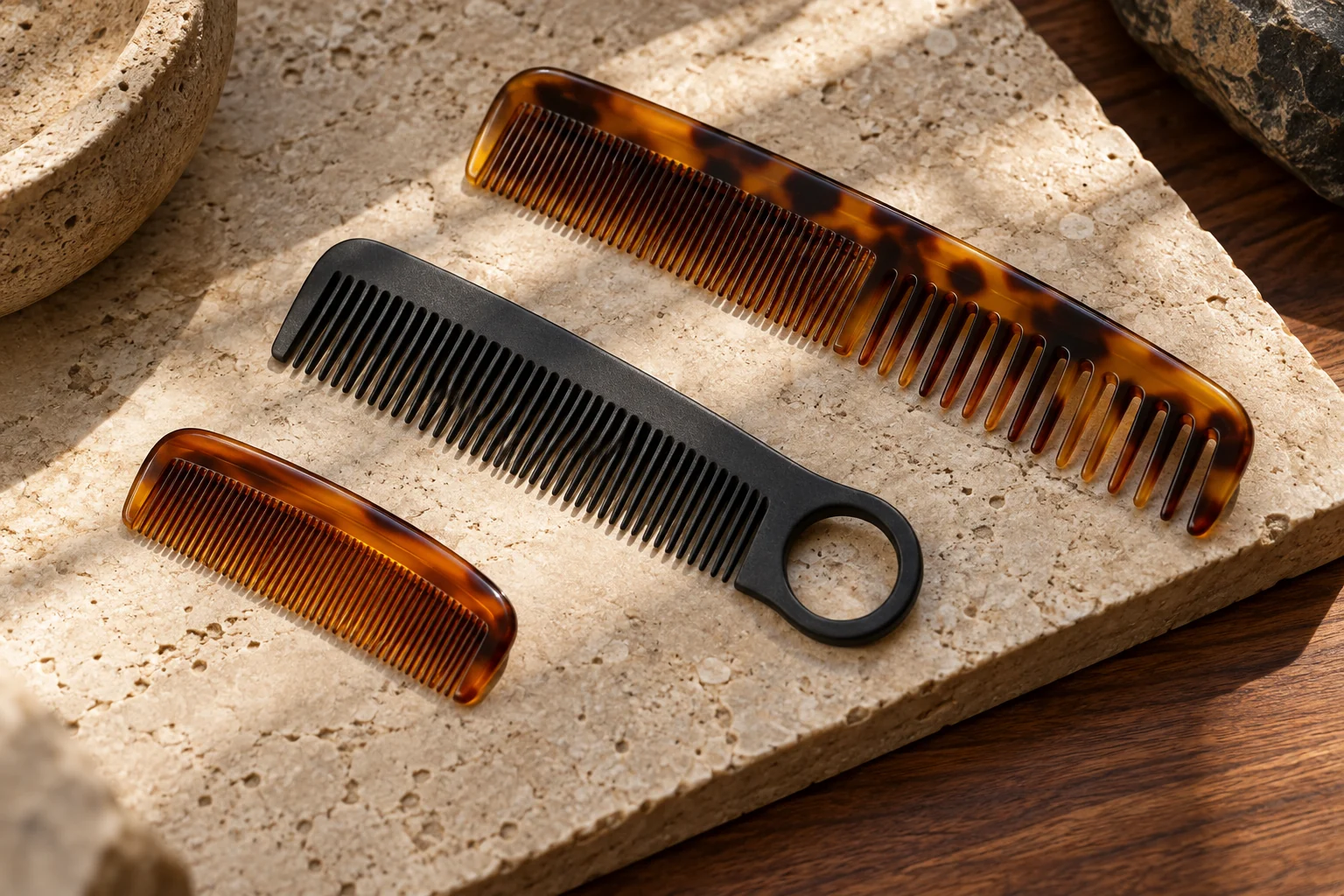 Three generic beard-comb formats: compact fine-tooth, medium pocket, and long dual-tooth