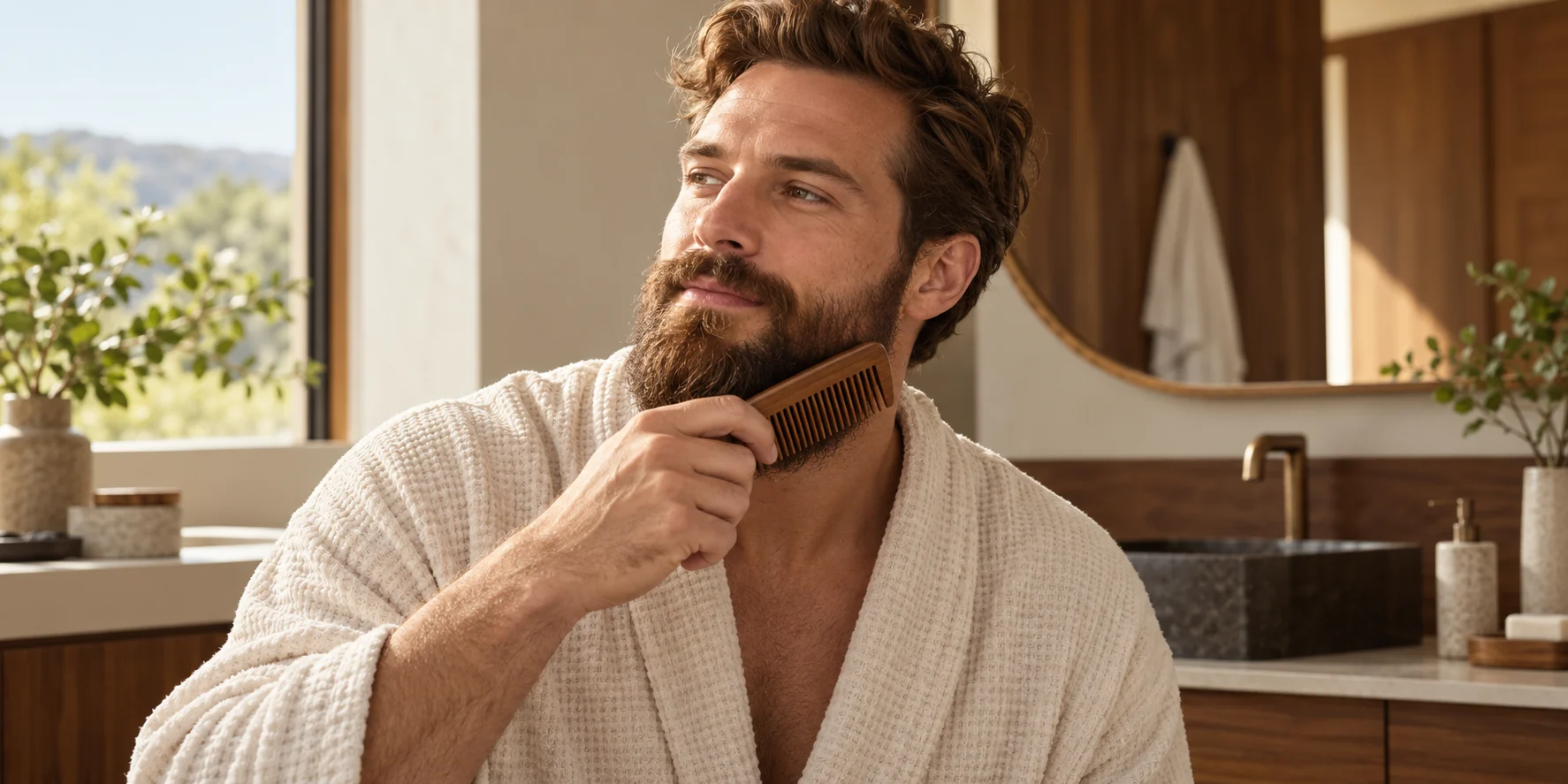 A bearded man using a comb during his grooming routine
