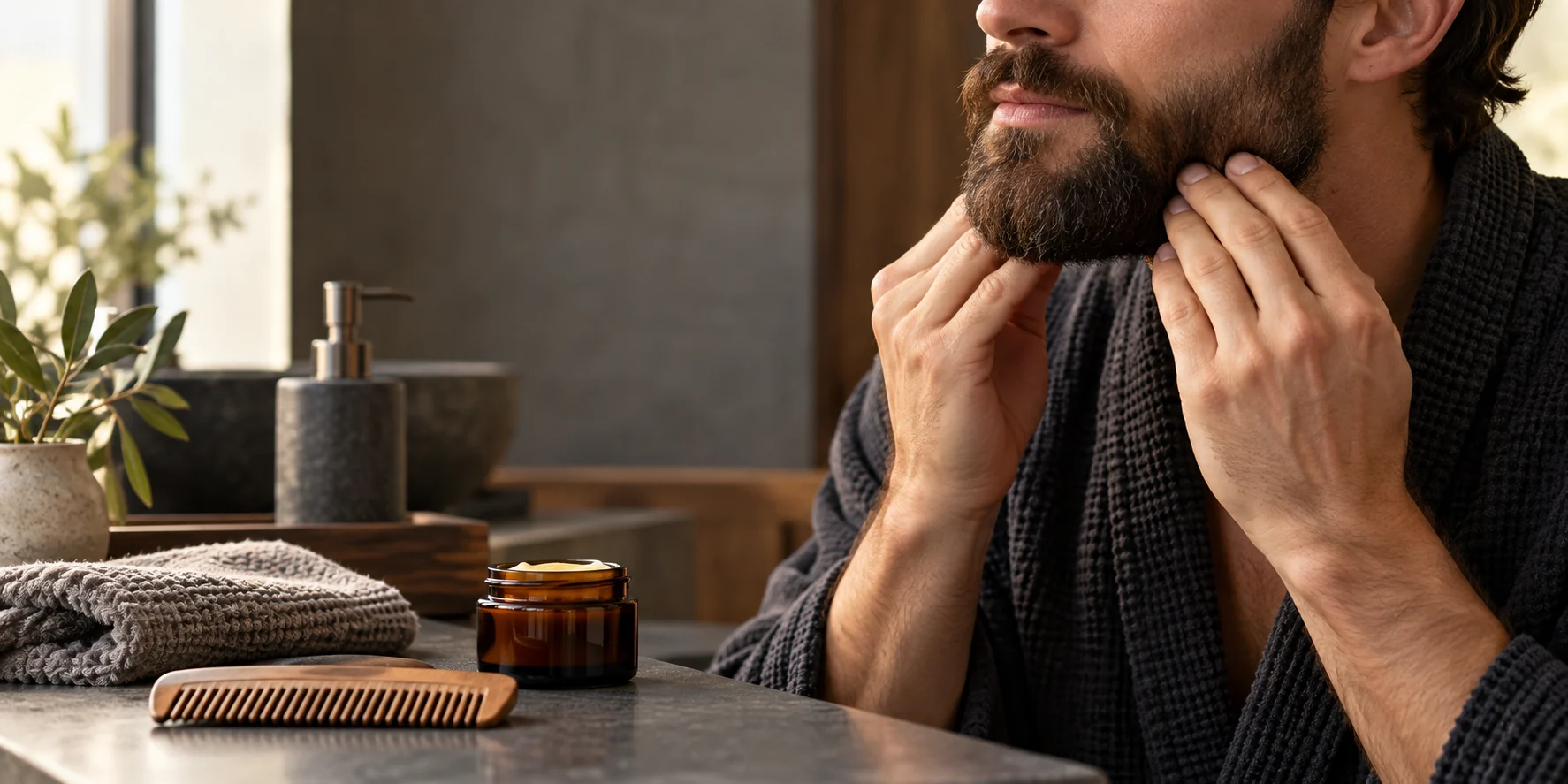 A bearded man grooming his beard beside an unlabeled balm jar and wooden comb