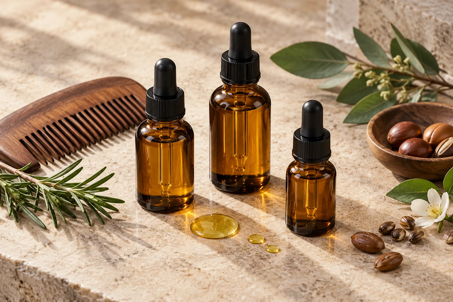 Three unlabeled amber dropper bottles with a wooden beard comb and botanical ingredients
