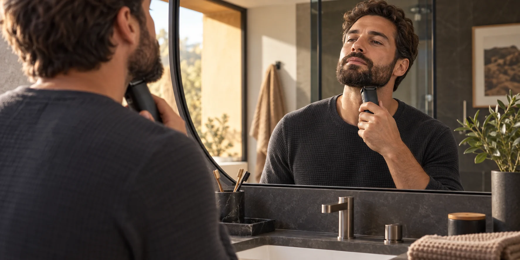 Man using a generic cordless beard trimmer at a bathroom mirror