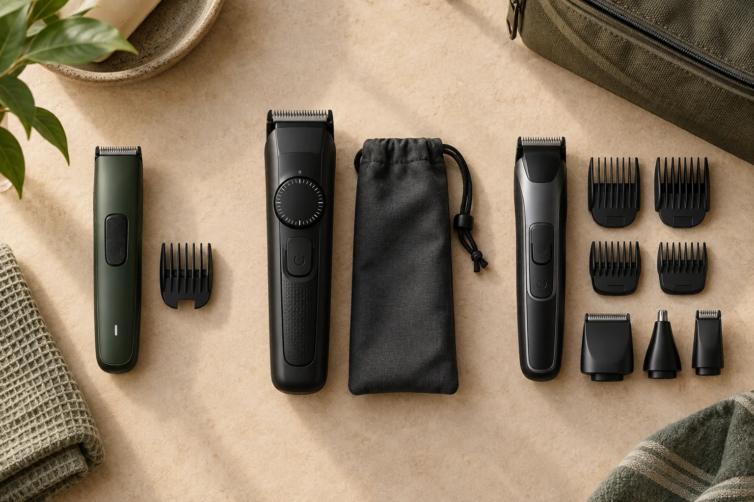 Three generic travel beard trimmer formats: slim, adjustable-dial, and multi-groom kit