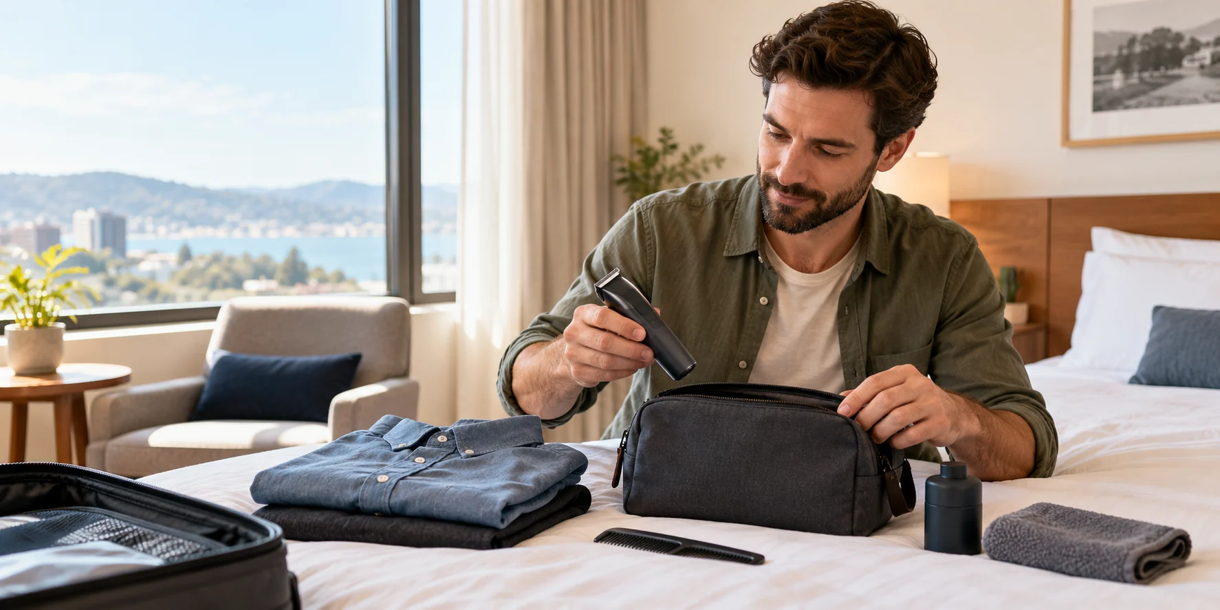 Traveler packing a generic cordless beard trimmer in a toiletry bag