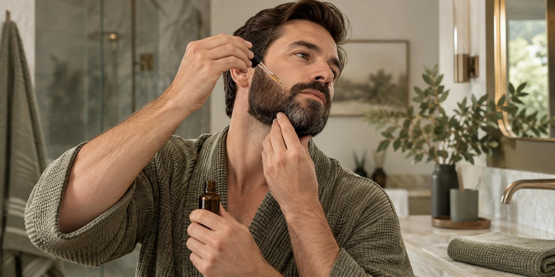 Bearded man applying oil with a dropper