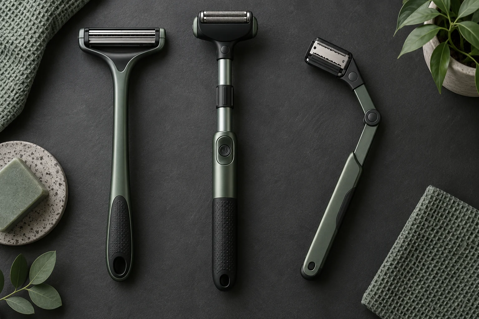 Generic manual, powered, and folding back shaver formats arranged side by side