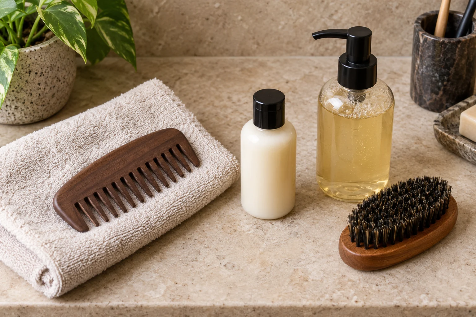 Gentle cleanser, conditioner, comb, and brush for beard care