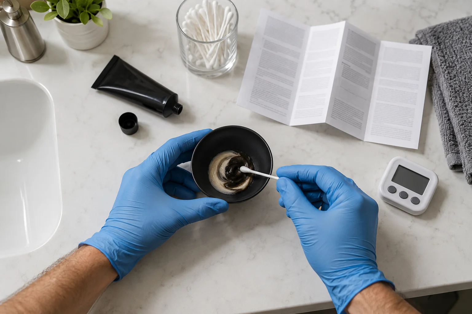 Gloves, mixing dish, cotton swab, and timer prepared for a dye patch test