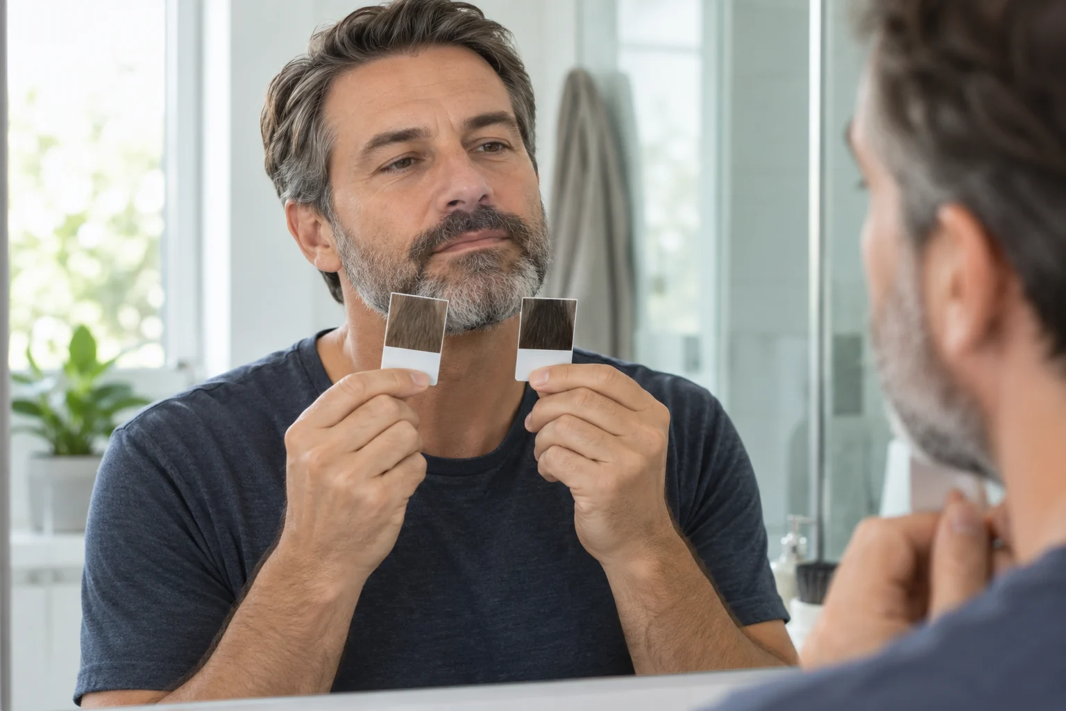 Man comparing subtle beard-color swatches with his natural beard