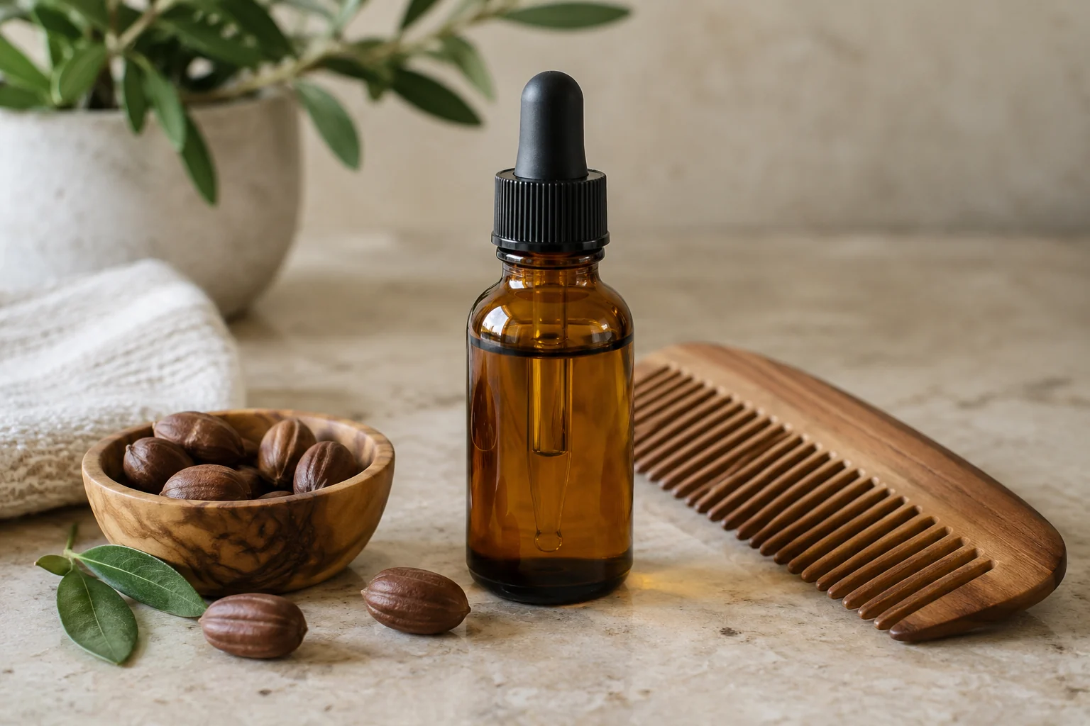 Generic beard oil, wooden comb, and botanical ingredients