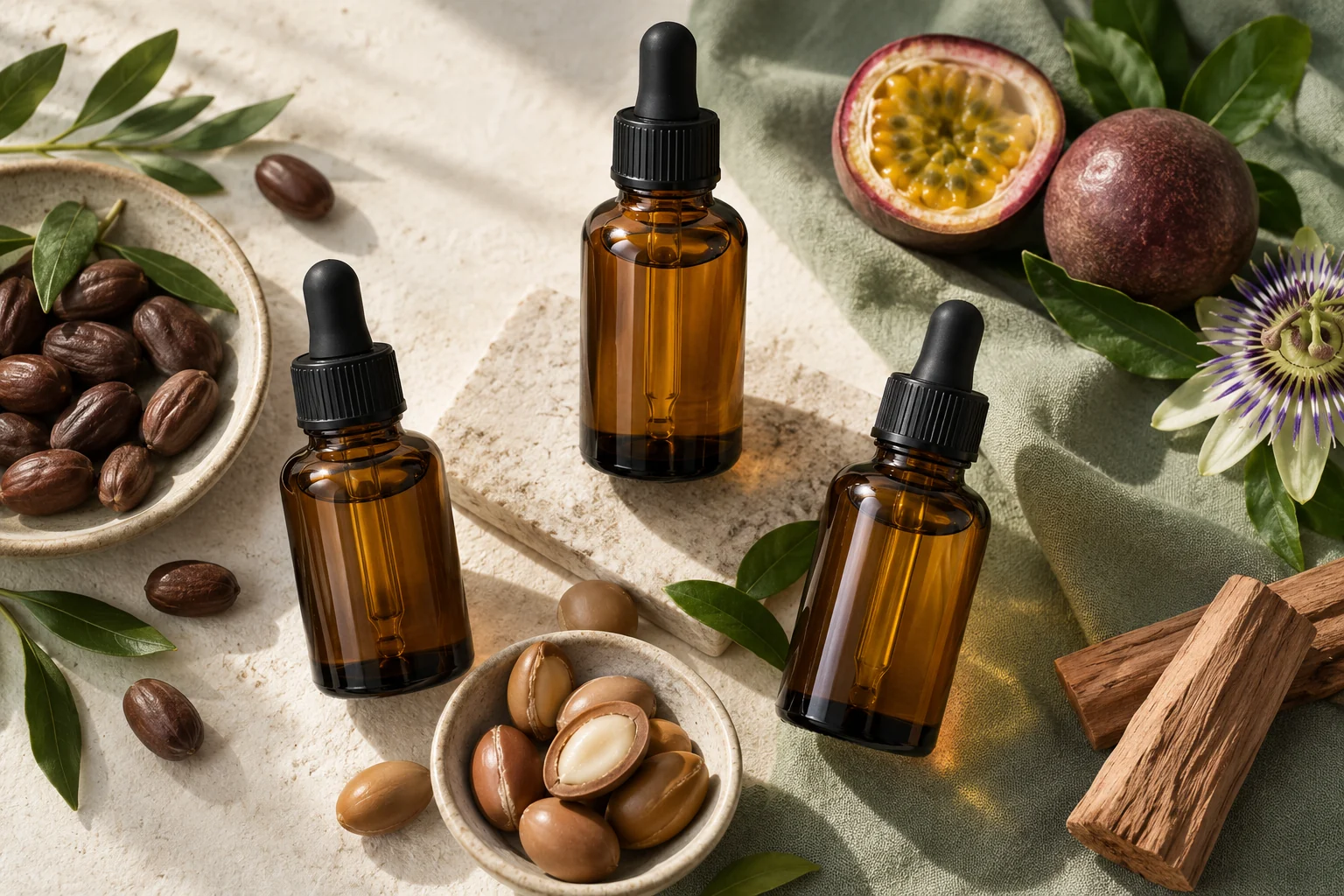 Three generic beard-oil bottles with botanical ingredients