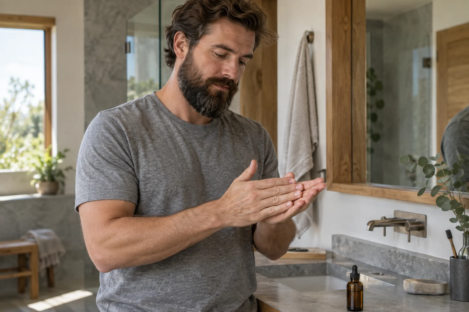 Man applying a small amount of beard oil to an established beard