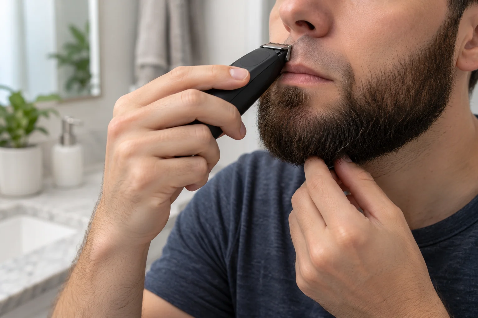Precision trimming around the upper lip for a beard-without-mustache style
