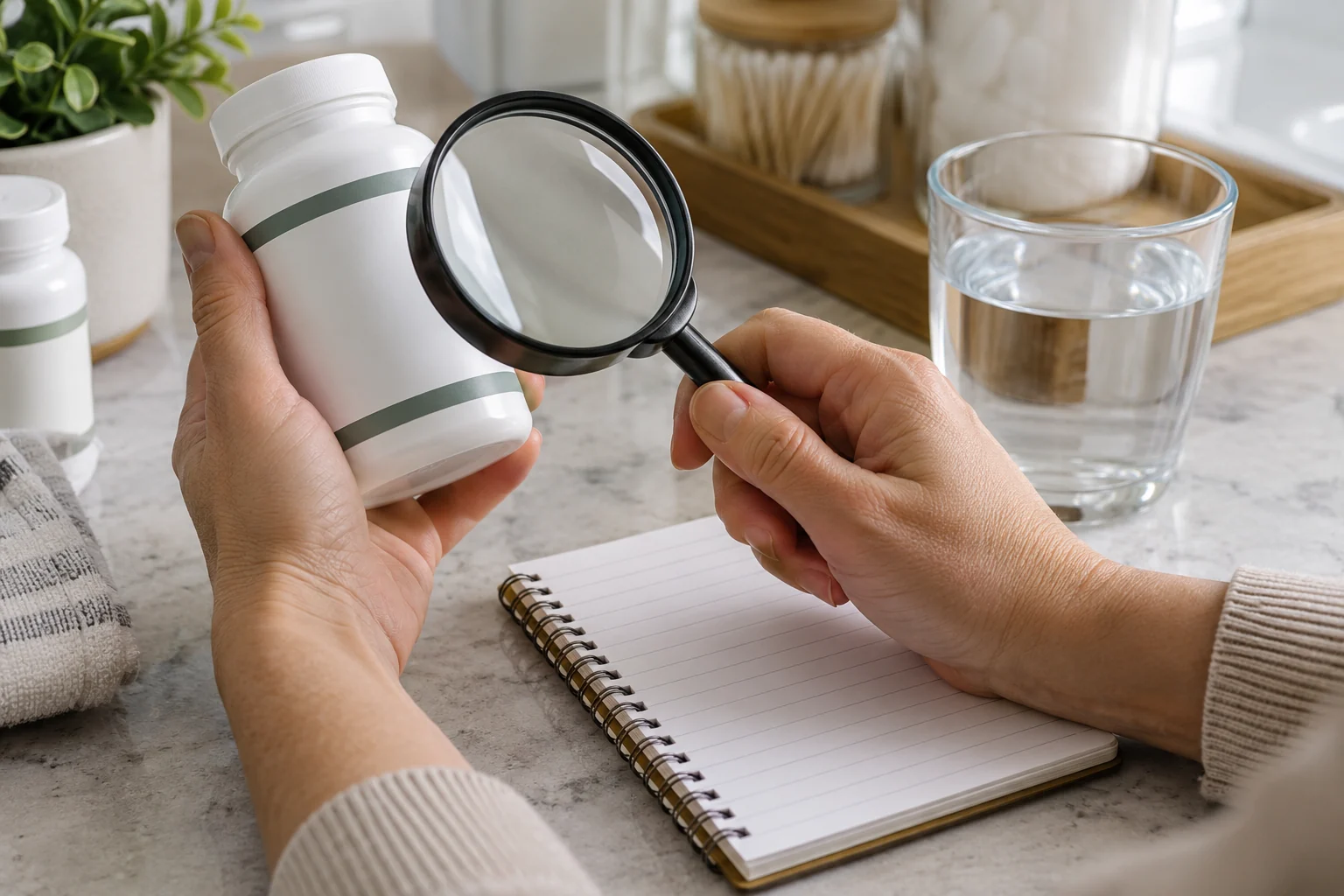 Person checking a generic supplement label before use