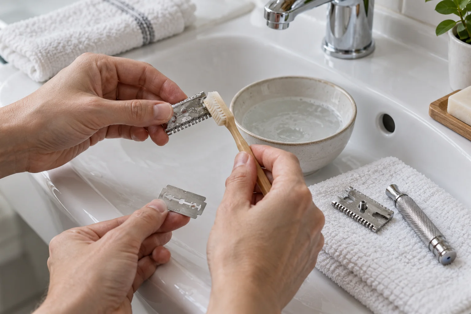 Hands cleaning a disassembled double-edge safety razor