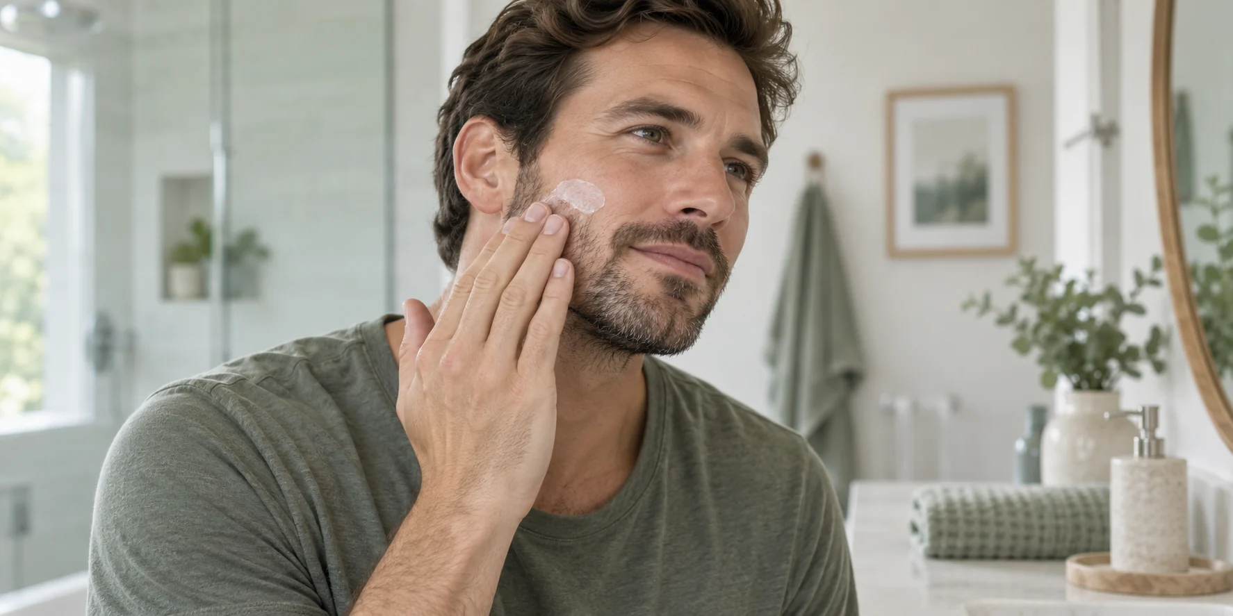 Man applying plain moisturizer to his cheek and beard area