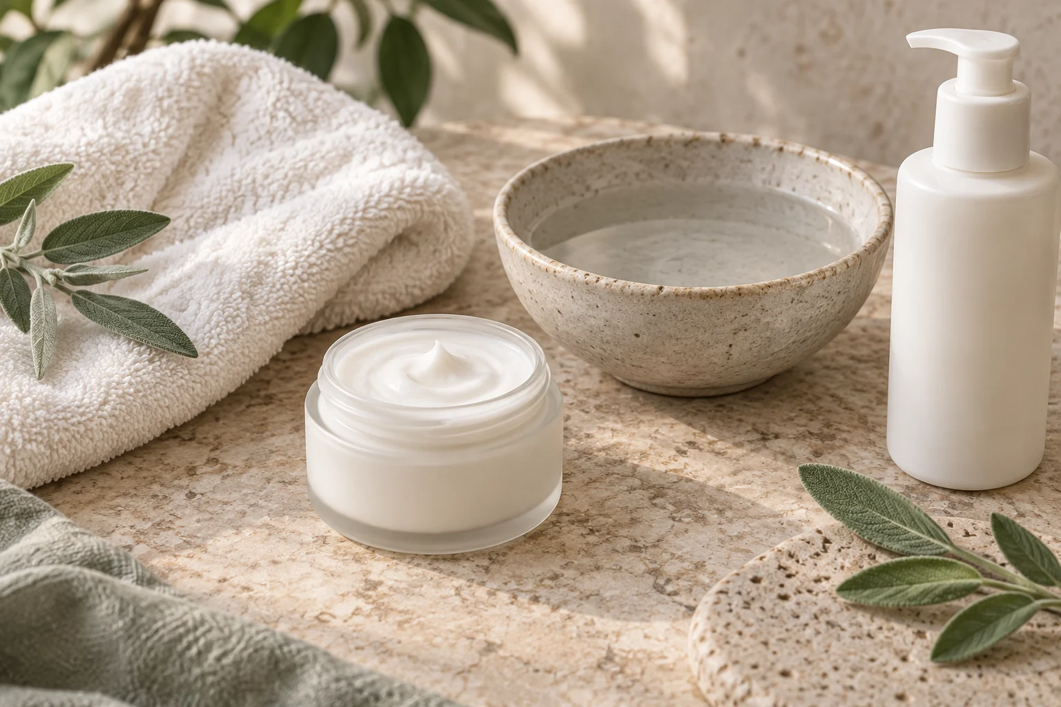 Plain cream, gentle cleanser, soft towel, and lukewarm water for an eczema-friendly routine