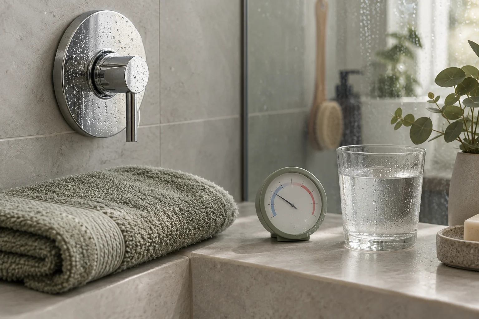 Towel, shower control, water, and simple temperature dial for a gradual cool-shower routine