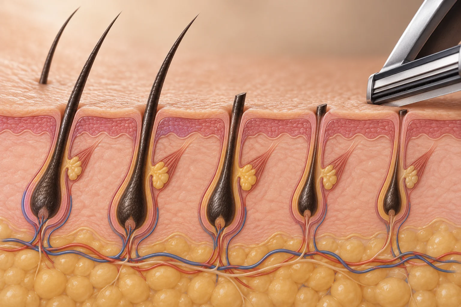 Illustration of shaving at the skin surface above hair follicles