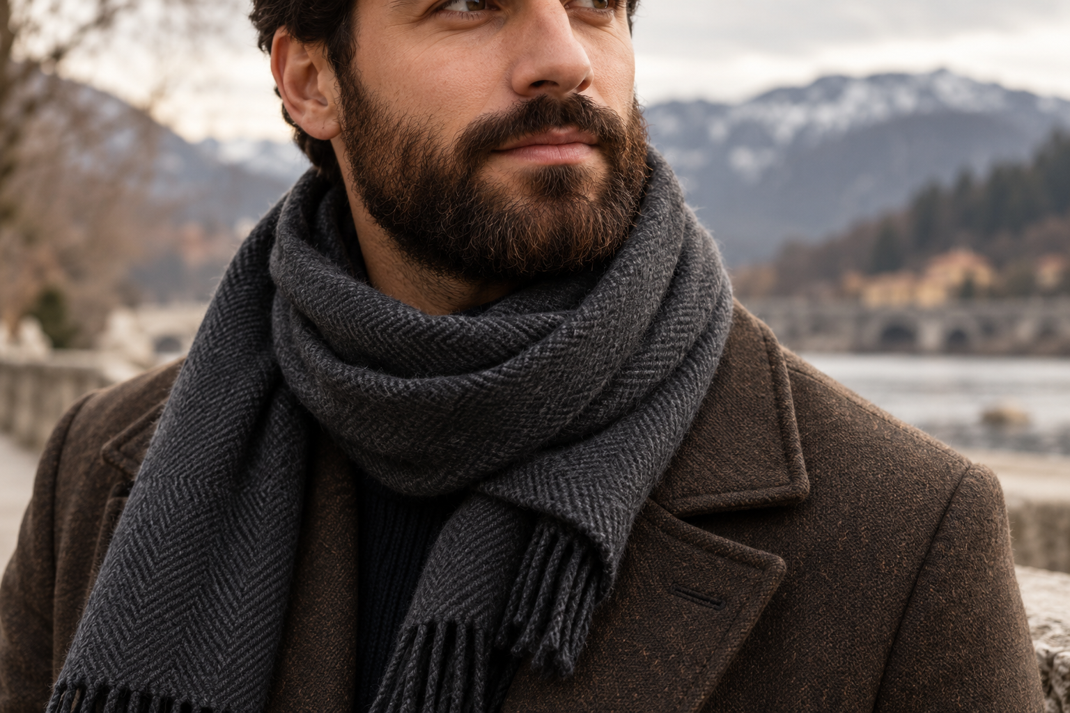 Bearded adult outdoors wearing a loose dark winter scarf