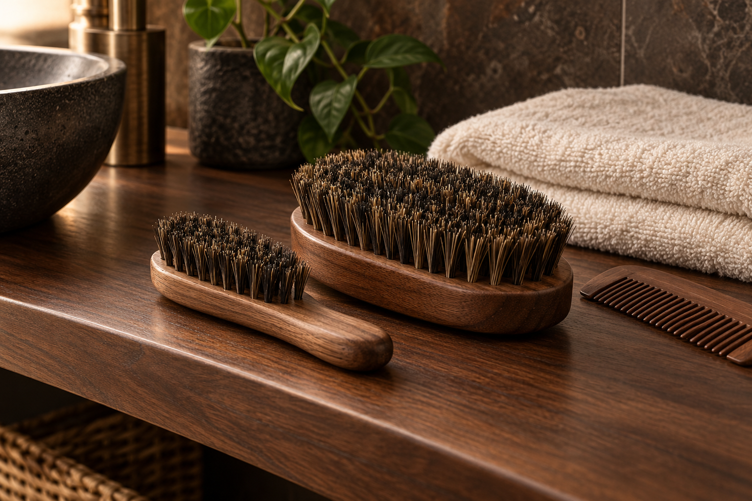 Unbranded narrow and broad beard brushes illustrate a size comparison; these are not product photographs