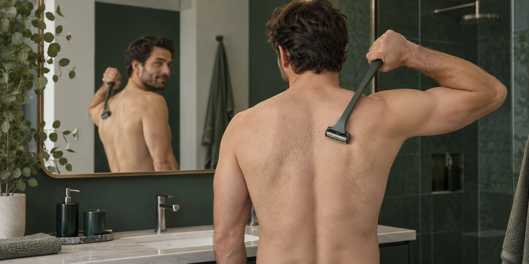 Man using a generic long-handle back shaver in a bathroom mirror