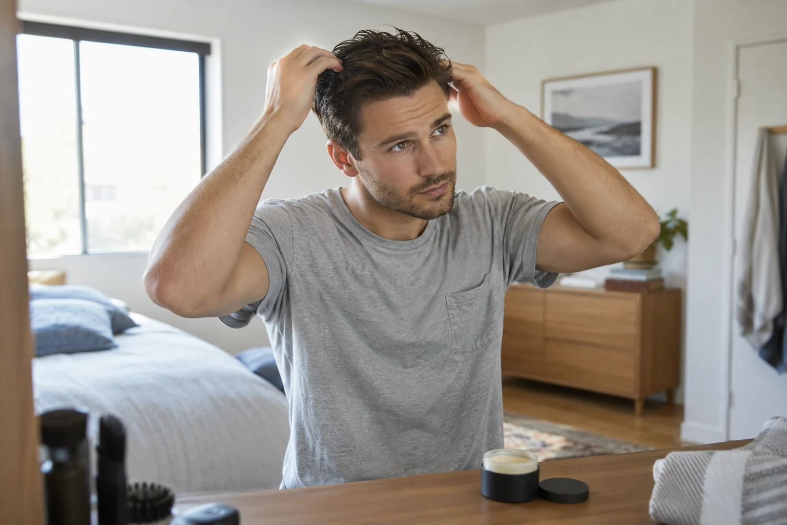 Man applying a small amount of pomade to short hair