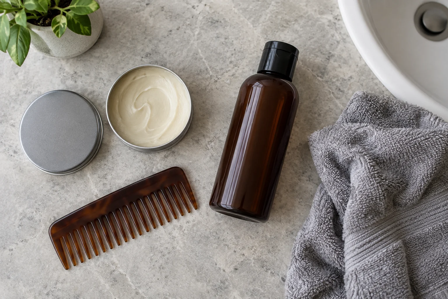 Generic pomade, comb, shampoo, and towel arranged for washout