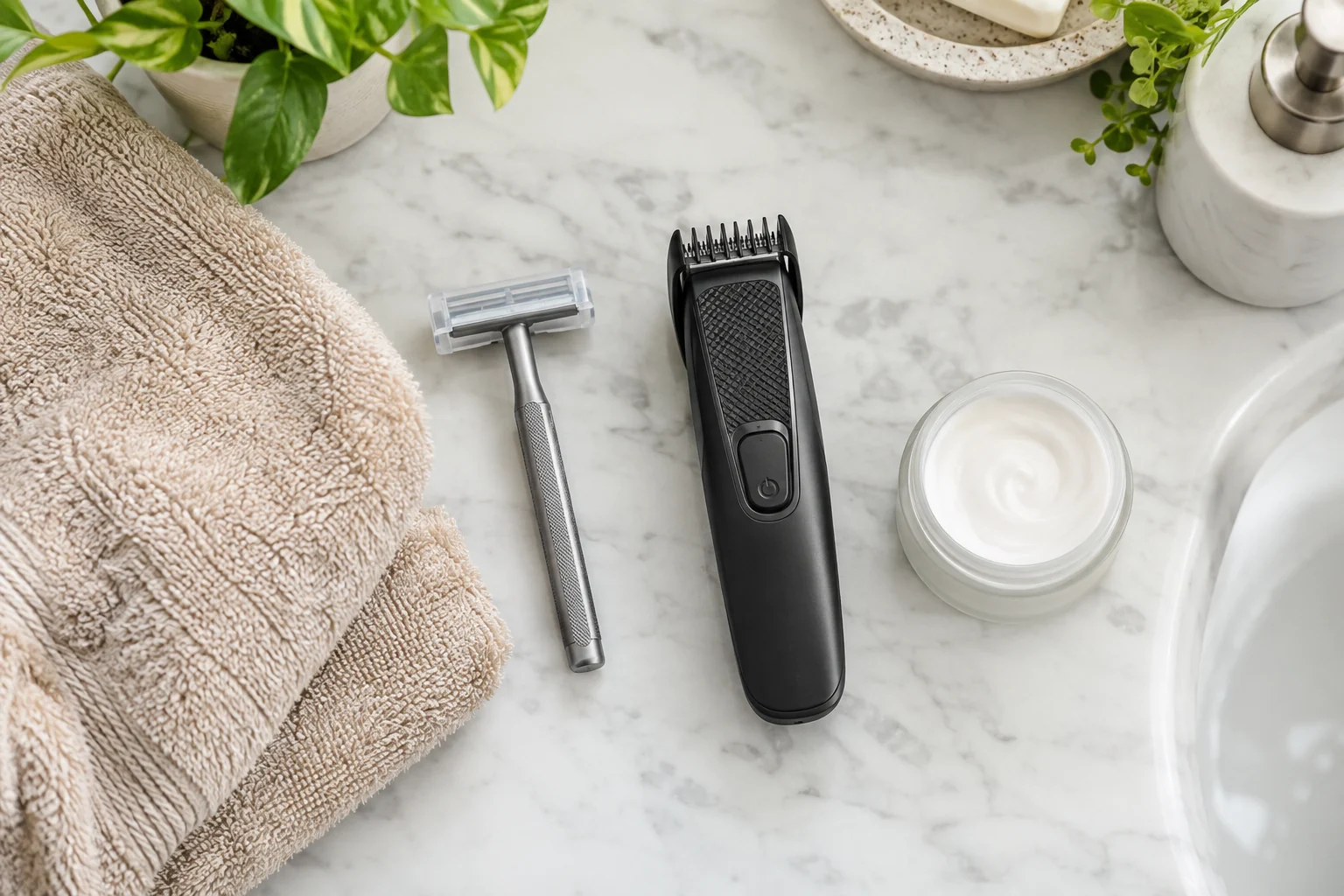 Single-blade razor, guarded trimmer, warm towel, and moisturizer for bump prevention
