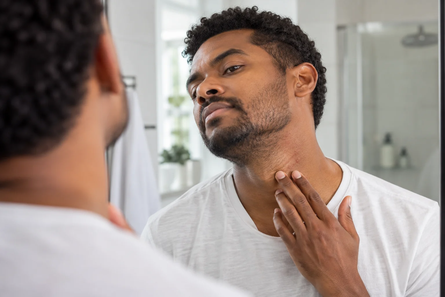 Man examining mild razor bumps along the beard line