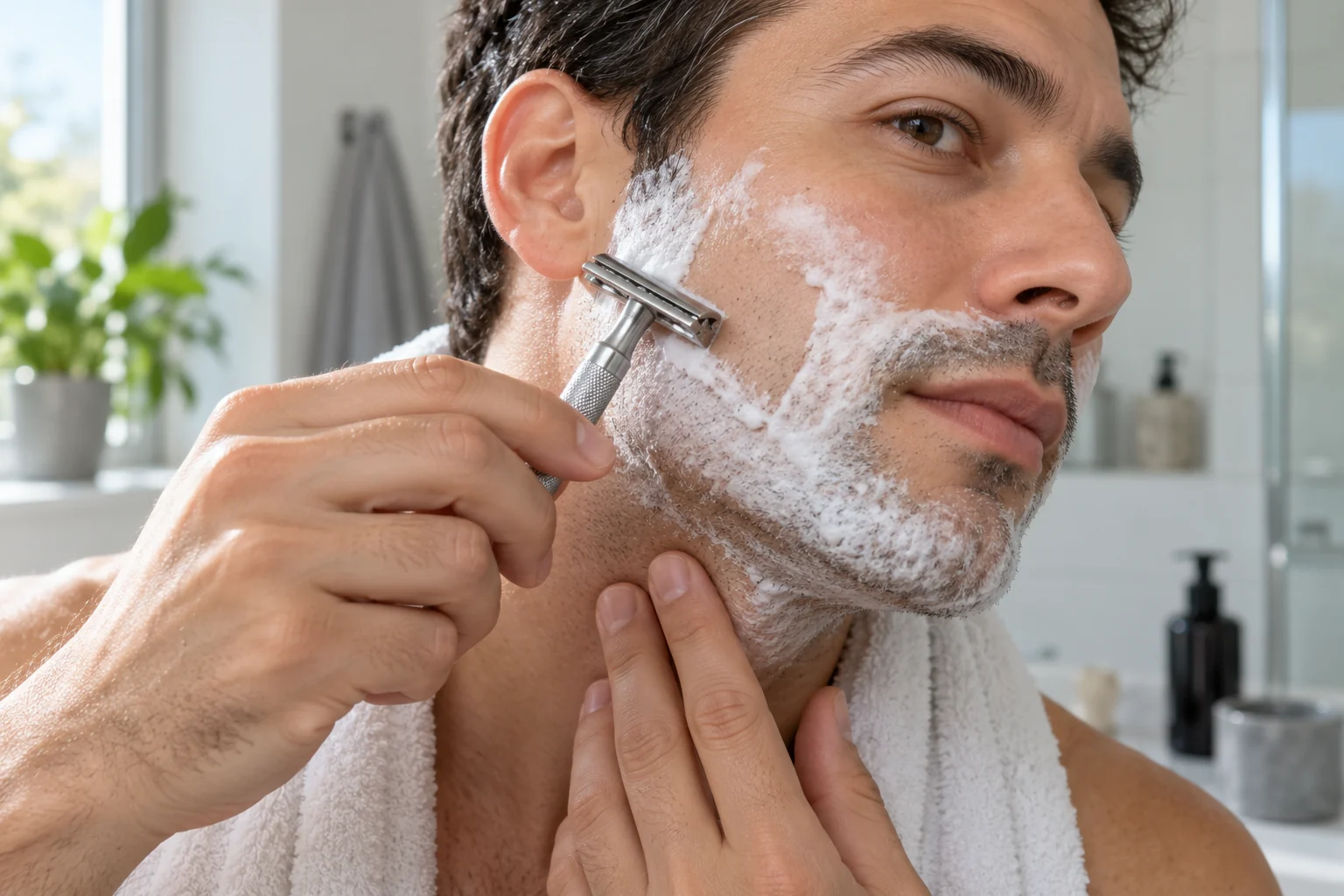 Man using a safety razor with a light shaving touch