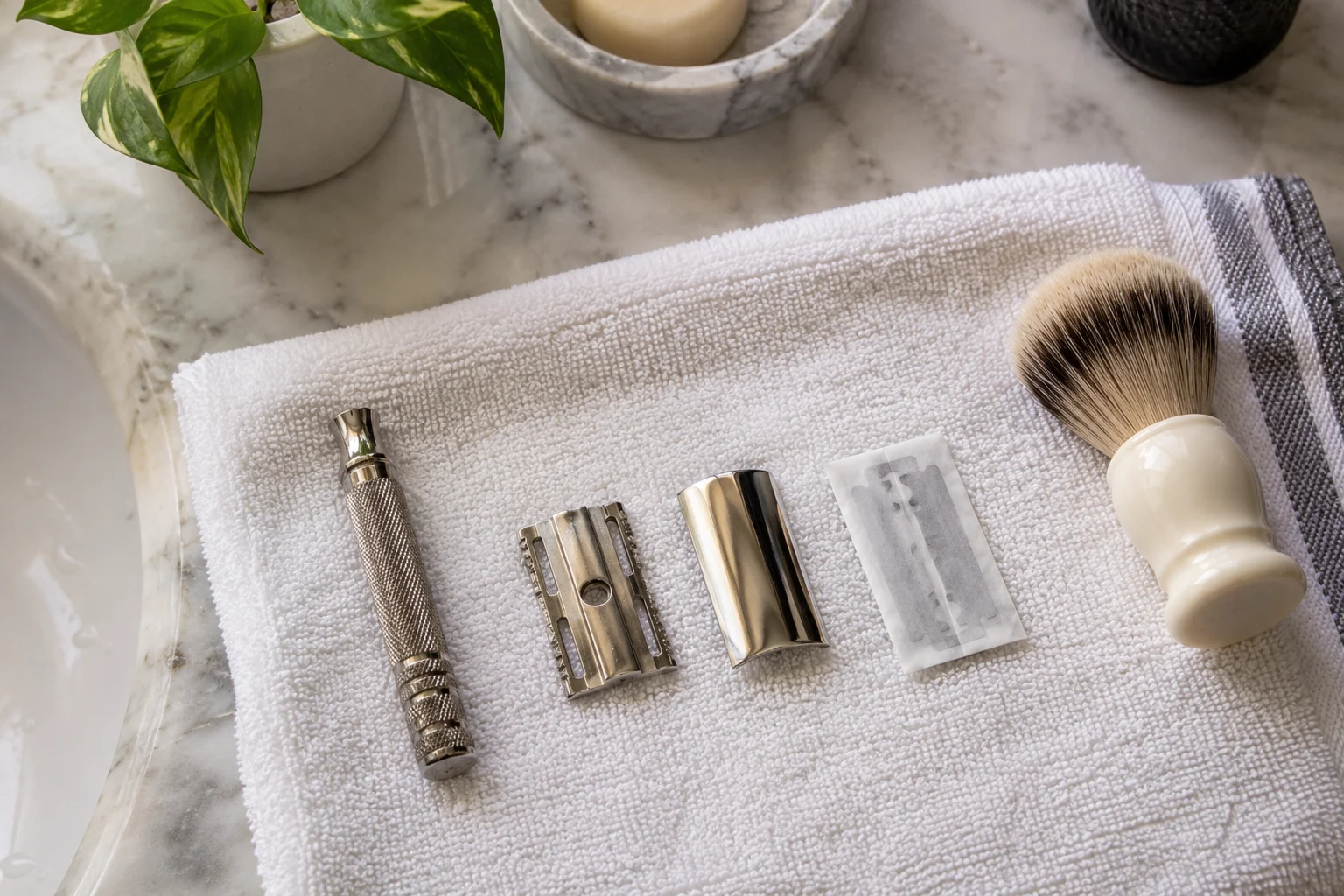 Safety razor parts drying in order on a clean towel