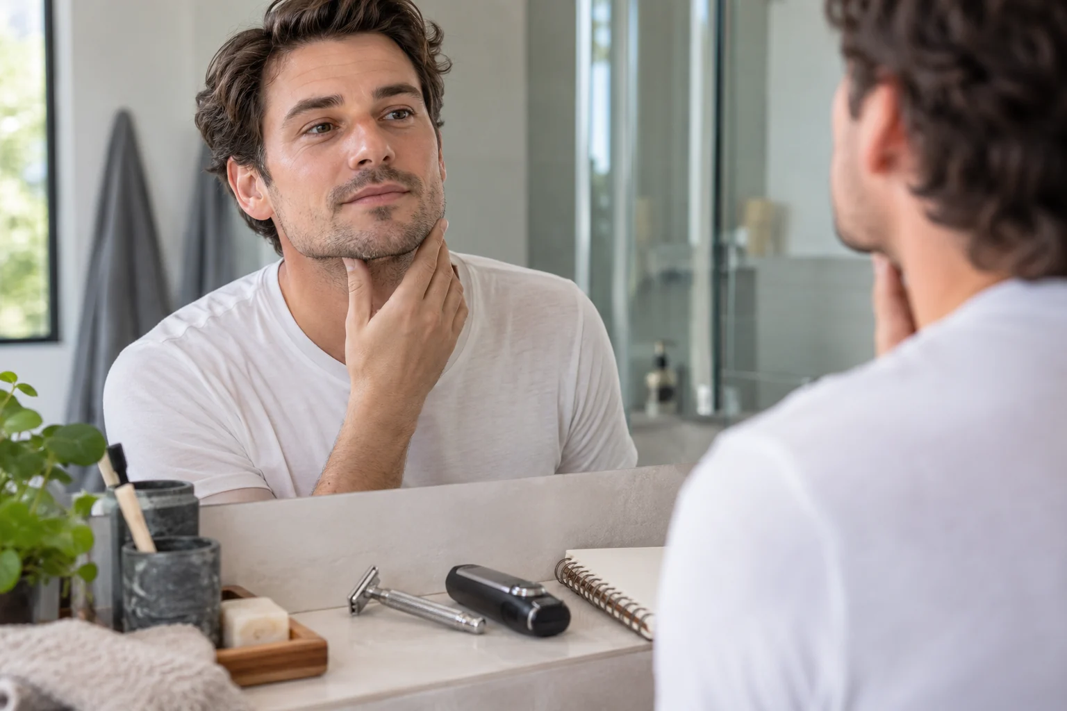 Man preparing facial skin before a gentle shave