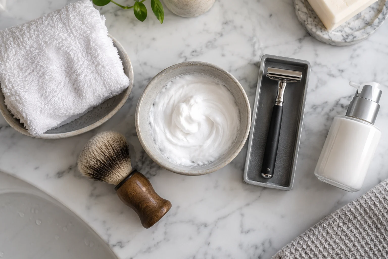 Warm towel, shaving cream, clean razor, and moisturizer prepared for shaving