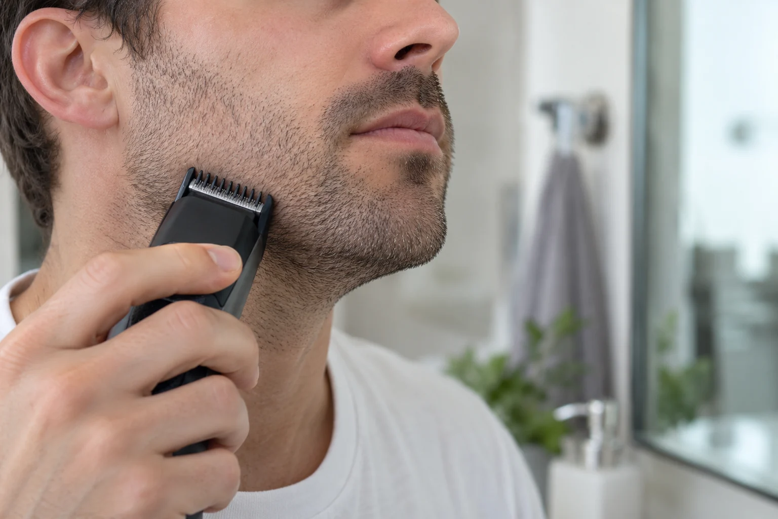 Guarded trimmer maintaining short even stubble along the jaw