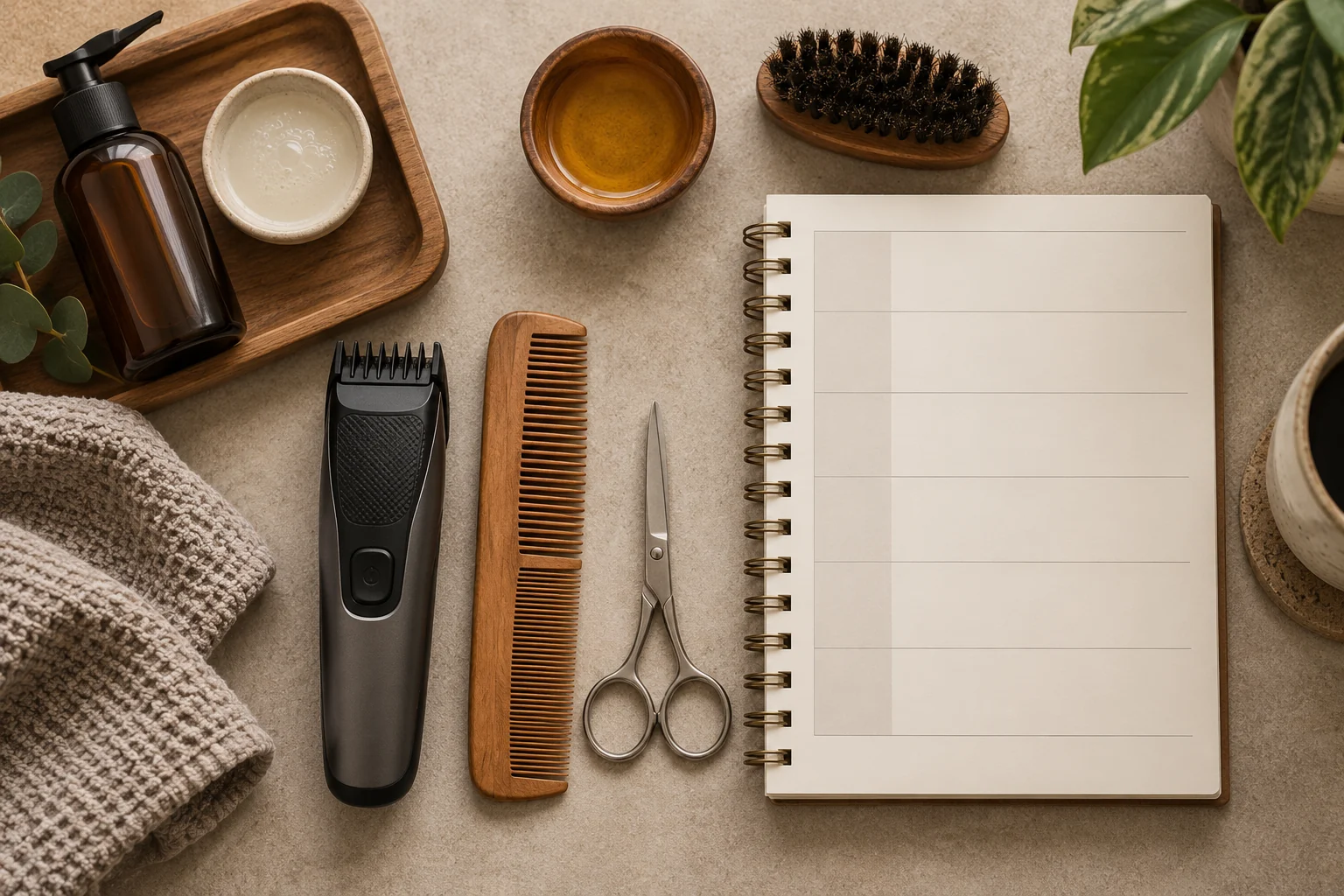 Weekly beard-care tools beside a blank planner